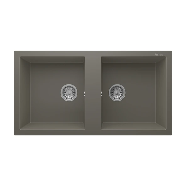 RealStone Nemrut 97 P019 Granit Evye 970x520 mm Çift Göz Damlalıksız Mutfak Evyesi - RealStone p019 Nemrut Gri ürün görseli 1
