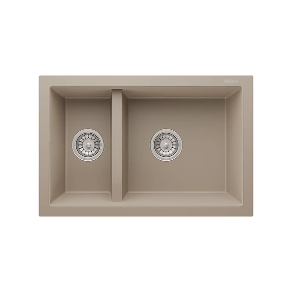 RealStone Bergama P018 Granit Evye 770x530 mm Damlalıksız Çift Göz Mutfak Evyesi - RealStone 018 Bergama Cappuccino ürün görseli 1
