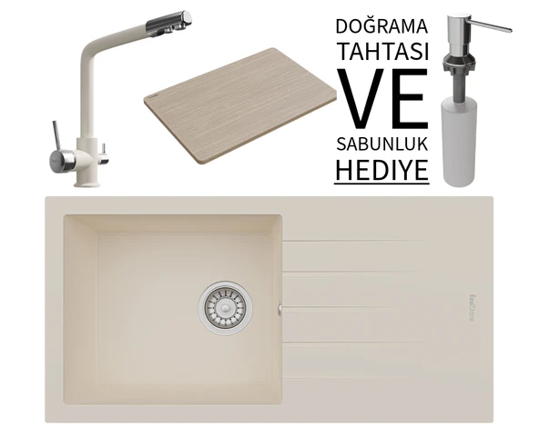Realstone P011 Assos 86 XL Granit Eviye & Abant Arıtmalı Batarya Seti (+ Sabunluk ve Bambu Tahta Hediyeli) - Krem ürün görseli 1