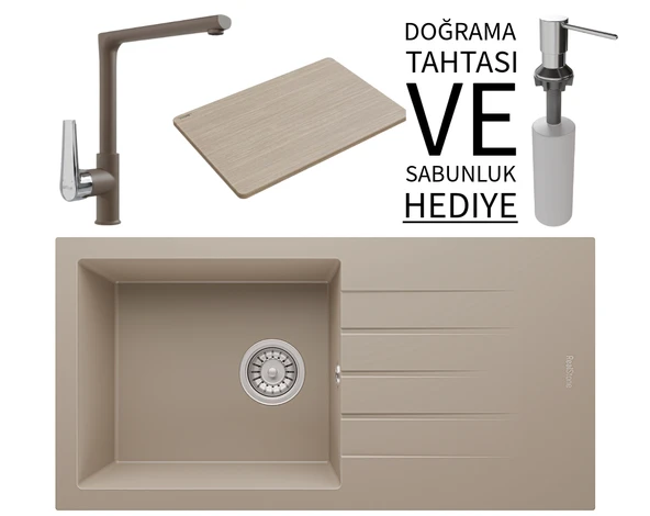 Realstone P011 Assos 86 XL Granit Eviye & Vesta Batarya Seti (+ Bambu Tahta ve Sabunluk Hediyeli) - Cappuccino ürün görseli 1