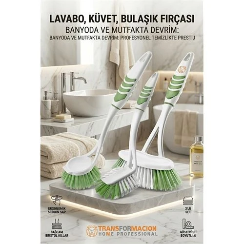 3'lü Profesyonel Temizlik Fırçası Seti - Ergonomik Banyo, Lavabo ve Bulaşık Fırçası 723095 ürün görseli 1