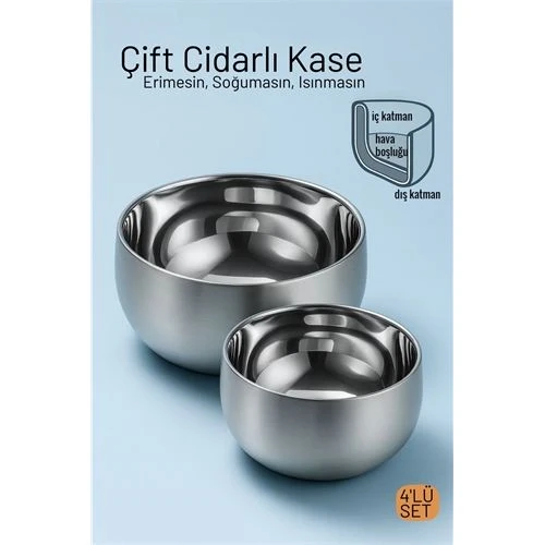 Çift Cidarlı Isı Yalıtımlı 4'lü Lüks Kase Seti (16cm & 18cm) Premium 304 Paslanmaz Çelik 722668 ürün görseli 1
