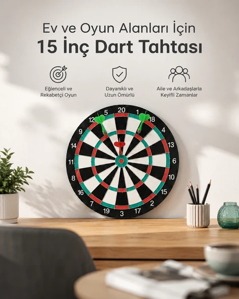 15 İnç Büyük Boy Dart Tahtası Ev Oyun Seti 4 Adet Metal Uç Oklu ürün görseli 1