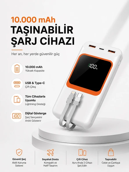 10.000 mAh Bataryalı, Dijital Göstergeli Taşınabilir Powerbank ürün görseli 1