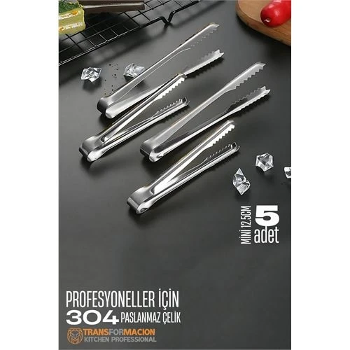 Mini 12.5 cm Buz Maşası - Şeker Limon Maşası Kokteyl Servis Maşası 5 li PAKET 304 Paslanmaz Çelik 721753 ürün görseli 1