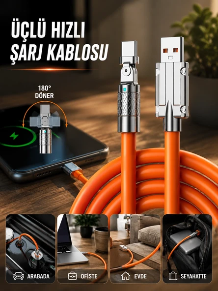 3 İn 1 Süper Hızlı Şarj Kablosu Android ve İOS Uyumlu Silikon Şarj Kablosu ürün görseli 1