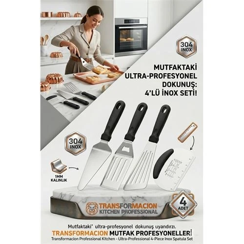 304 Inox Paslanmaz Çelik 4’lü Spatula ve Hamur Kesici Seti - Ultra Profesyonel Seri 723144 ürün görseli 1
