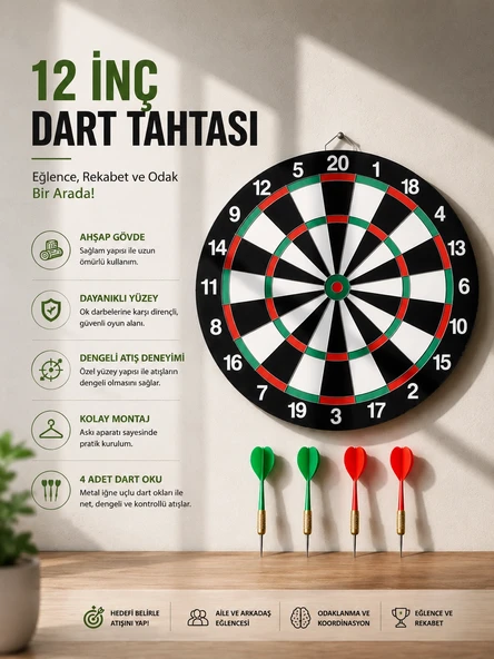 12 İnç Ahşap Dart Tahtası 4 Adet Metal Uçlu Dart Oku Dahil ürün görseli 1