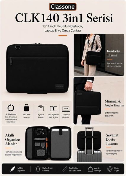 Classone 3in1 Serisi CLK140 13,14 inch Uyumlu Tablet Laptop El ve Omuz Çantası Siyah ürün görseli 1