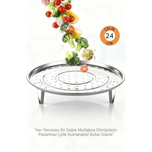 Inox Çelik Ayaklı Buharlı Pişirme Aparatı - 24 cm Çok Amaçlı Tencere İçi Haşlama Standı ürün görseli 1