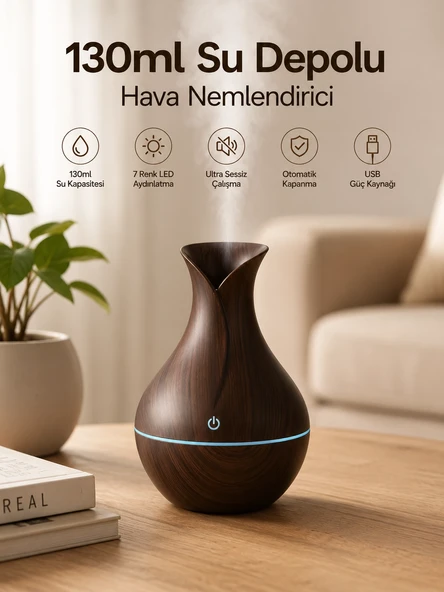 130ml Aromaterapi Difüzörü Hava Nemlendirici 7 Renk LED Işıklı ürün görseli 1