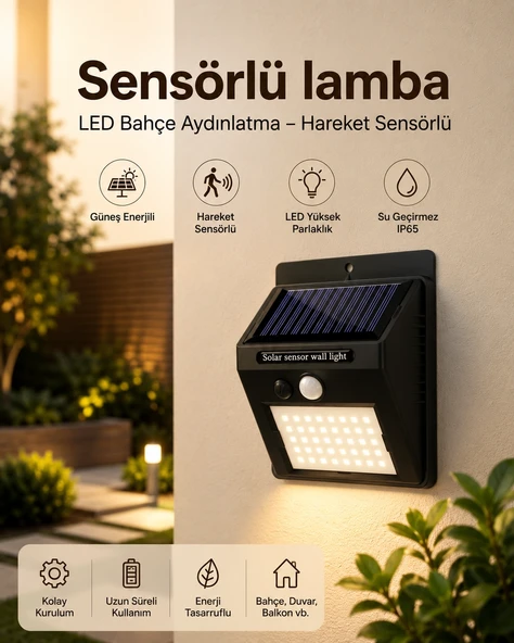 Sensörlü, Güneş Enerjili LED Duvar Lambası Bahçe ve Balkon Aydınlatma ürün görseli 1