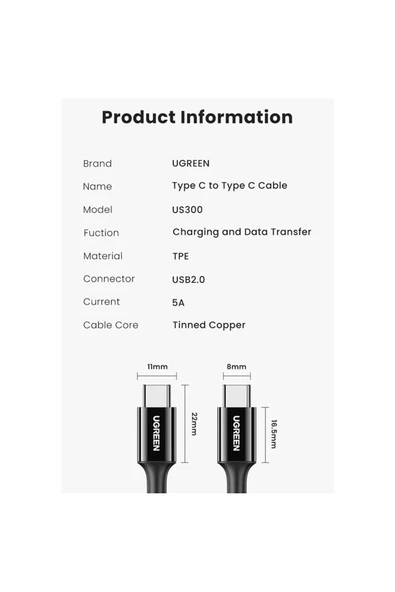 UGREEN USB-C USB-C 100W Hızlı Şarj Kablosu 1M Beyaz ürün görseli 1