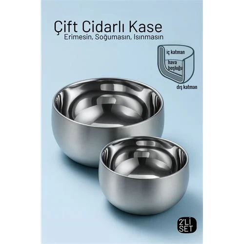 Çift Cidarlı Isı Yalıtımlı 2’li Lüks Kase Seti (16cm & 18cm) Premium 304 Paslanmaz Çelik ürün görseli 1