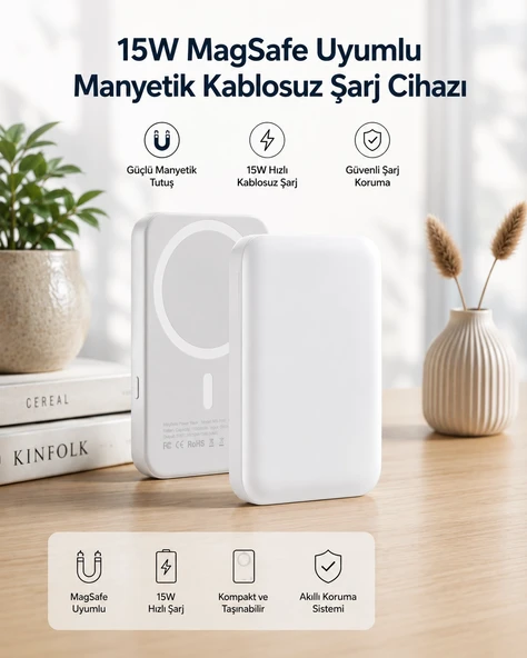 15W MagSafe Uyumlu Manyetik Kablosuz Powerbank 5000 mAh ürün görseli 1