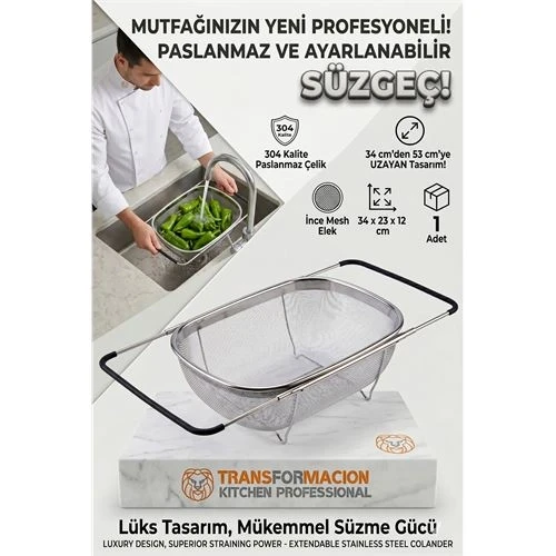 Ayarlanabilir Lavabo Üstü Süzgeç - Paslanmaz Çelik Makarna Meyve Sebze Yıkama Sepeti 723131 ürün görseli 1