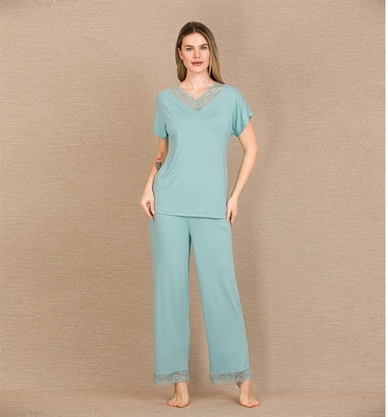 kapsulavm Viskon Şık Tasarım Dantel İşlemeli Mint Yeşil Kısa Kol Pijama Takımı ürün görseli 1