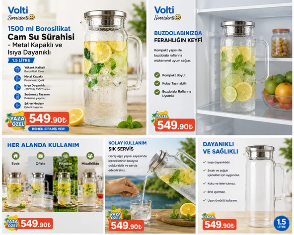 1500 ml Borosilikat Cam Su Sürahisi - Metal Kapaklı ve Isıya Dayanıklı ürün görseli 1