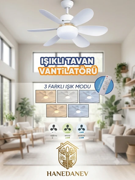 Uzaktan Kumandalı Işıklı Tavan Vantilatörü – 30W Ledli ve 3 Kademeli Akıllı Fan – Sessiz Vantilatör ürün görseli 1