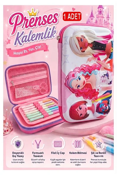 Prenses Kabartmalı Bölmeli Kalemlik 1 Adet P-5984 Kız Çocuk Okul Kalem Kutusu 3 Boyutlu Fermuarlı Hediyelik ürün görseli 1