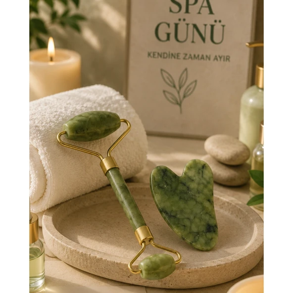 Jade Stone Yüz Bakım Seti Gua Sha ve Roller Masaj Taşı ürün görseli 1