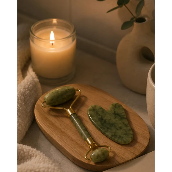 2 Parça Jade Stone Cilt Bakım Seti Şişkinlik Karşıtı Yüz Masajı ürün görseli 1