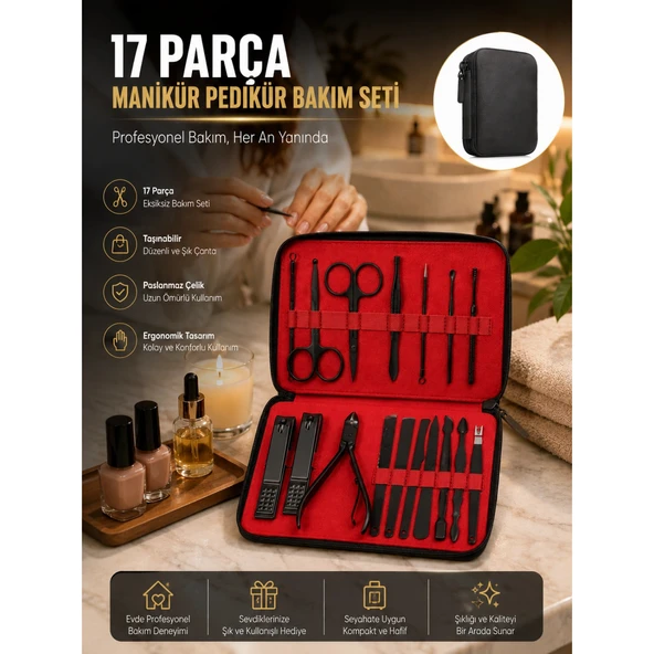 Paslanmaz Çelik 17 Parça Manikür Pedikür Seti ve Taşınabilir Şık Çanta ürün görseli 1