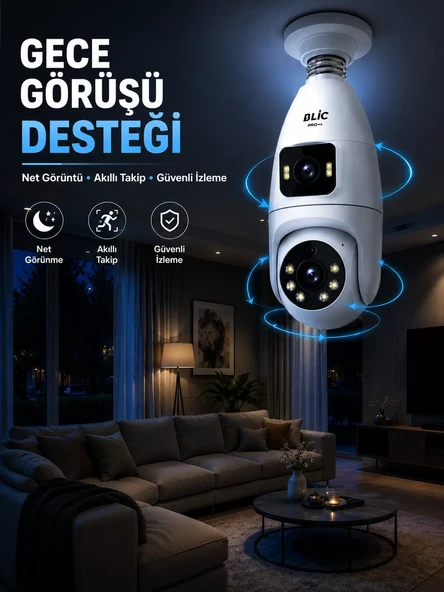 Gece Görüşlü Çift Lens Wi-Fi Ampul Kamera Mobil Takip Destekli ürün görseli 1