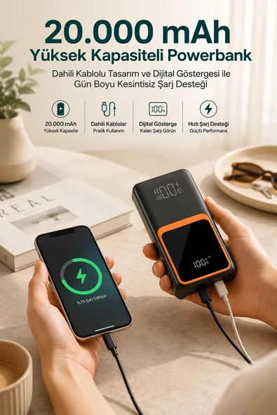 20.000 mAh Taşınabilir Şarj Cihazı Dijital Göstergeli Kablolu Powerbank ürün görseli 1
