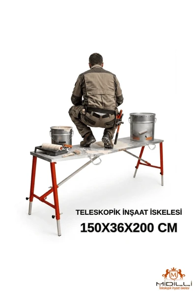 Alüminyum Gövdeli Çelik Ayaklı Teleskopik İnşaat İskelesi Kırmızı - 400 Kg Taşıma Kapasitesi 150x36x200cm ürün görseli 1