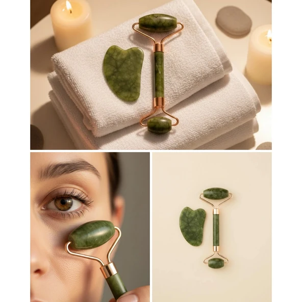 Yeşim Taşı Yüz Bakım Seti Çift Başlıklı Roller ve Gua Sha ürün görseli 1