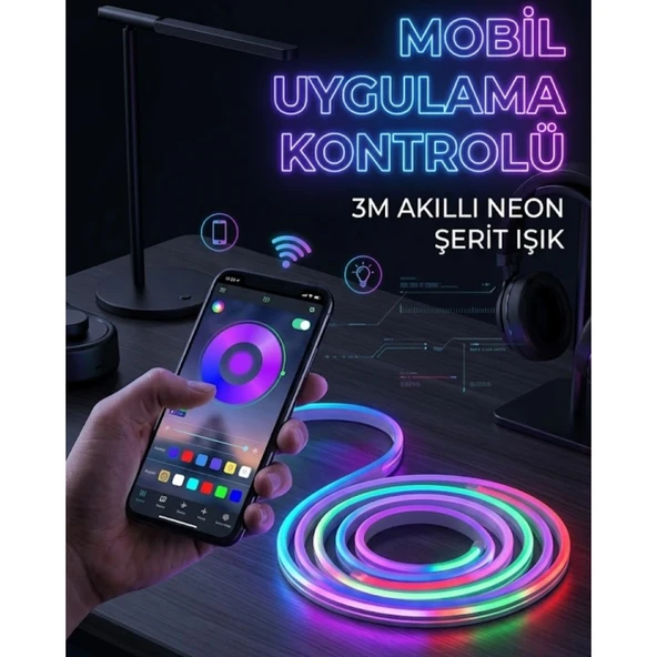 3 Metre RGB Neon LED Şerit Işık Su Geçirmez Kumandalı ve Uygulama Kontrollü Dekoratif Aydınlatma ürün görseli 1