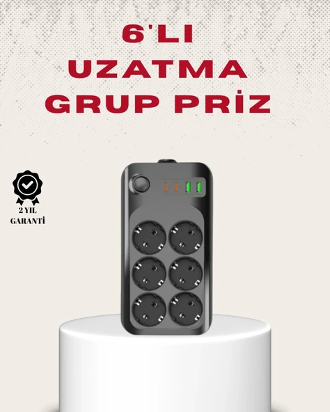 6’lı Grup Priz Termal Korumalı Usb Type-c Çoklu Priz 2 Metre Kablo ürün görseli 1