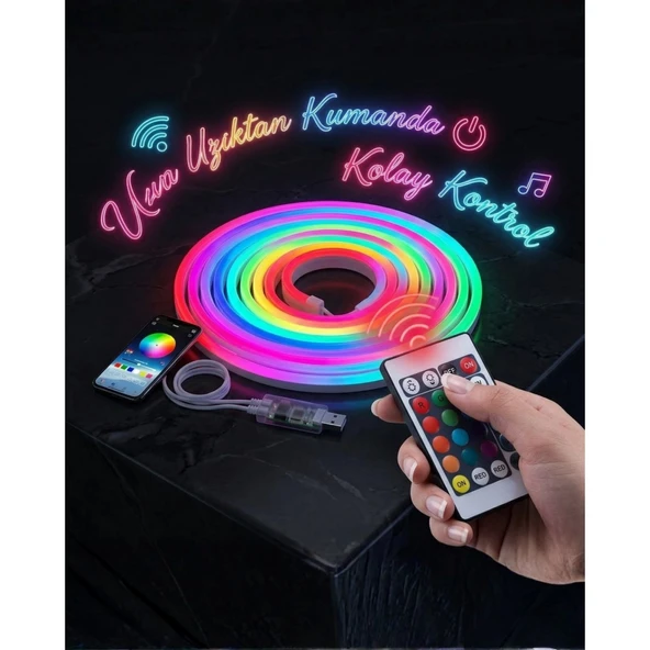 3 Metre RGB Akıllı Neon LED Şerit Işık Telefon ve Kumanda Kontrollü Ambiyans Aydınlatma ürün görseli 1