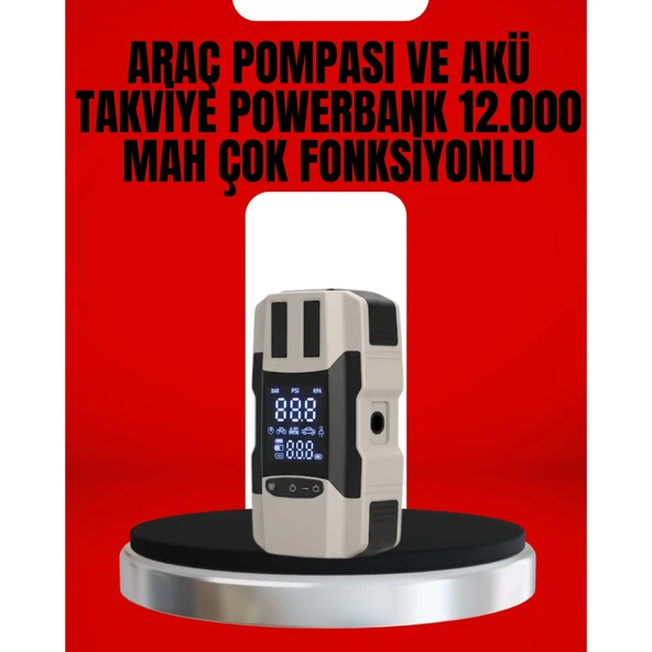 Dijital Ekranlı Araç Pompası Akü Takviye Powerbank 12.000 mAh ürün görseli 1