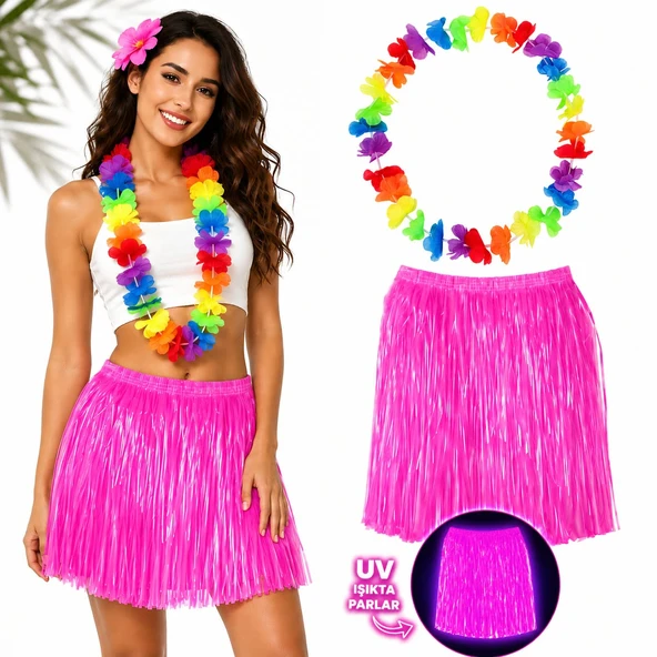 Neon Pembe Hawaii Etek 40 cm ve Rengarenk Hawaii Kolye ürün görseli 1