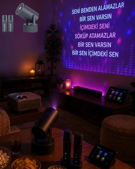 Bluetooth Hoparlörlü Akıllı Projektör Kablosuz Karaoke Mikrofonlu ürün görseli 1