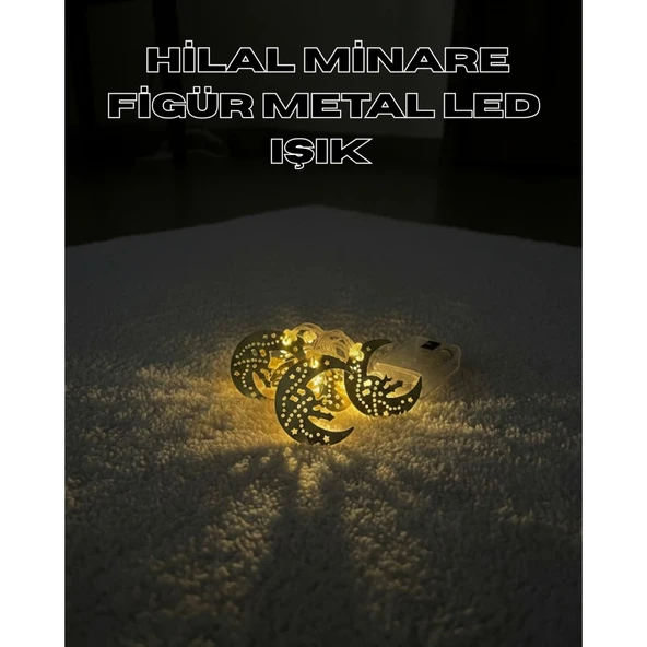Gold Renk Metal Minareli Hilal LED Işık Pilli Ramazan Süsü ürün görseli 1