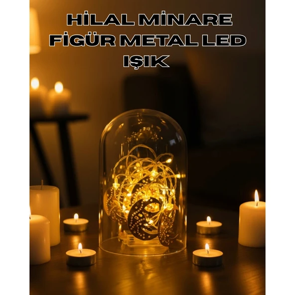 Ramazan Minare Detaylı Hilal LED Işık Günışığı Sarı Metal Süs ürün görseli 1