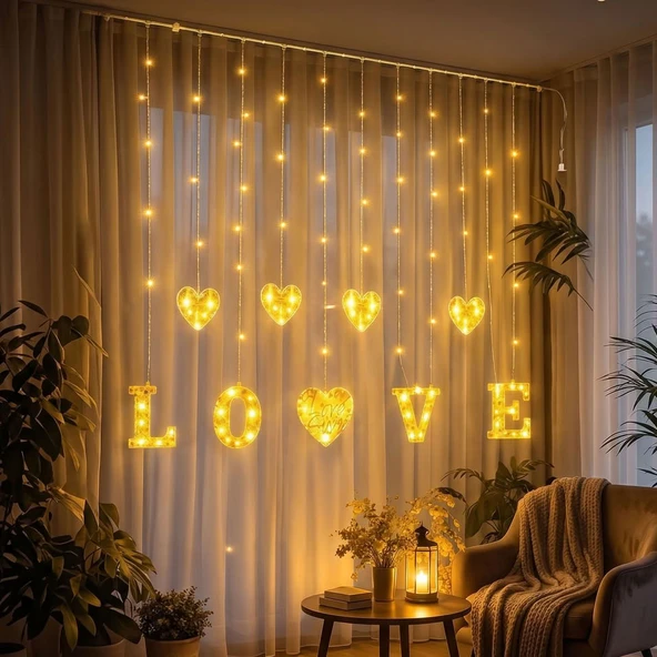 3 Metre Perde Led Işık - 8 Modlu Kalp ve LOVE Figürlü Dekoratif Animasyonlu Led ürün görseli 1