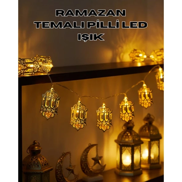 Pilli Ramazan Işıkları Altın Renk Fener Figürlü LED Süsleme ürün görseli 1