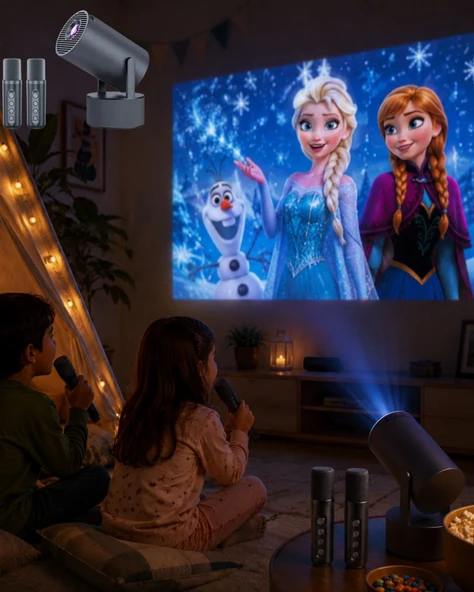 Karaoke Mikrofonlu Akıllı Projeksiyon Cihazı WiFi Bluetooth Destekli ürün görseli 1