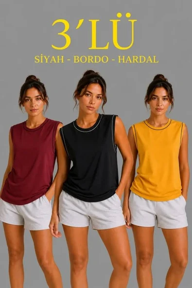 3’lü Kolsuz Sporcu Atlet Seti Yazlık Bisiklet Yaka - Siyah, Bordo, Hardal ürün görseli 1