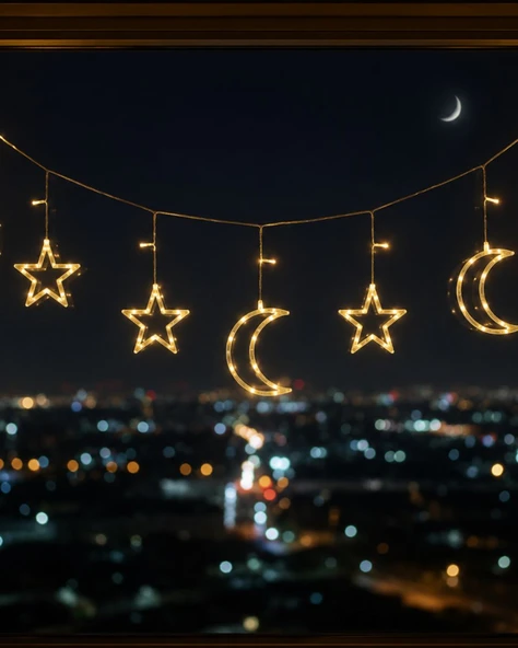 Büyük Ay Yıldız LED Ramazan Süsü Sıcak Beyaz Dekoratif Işık ürün görseli 1