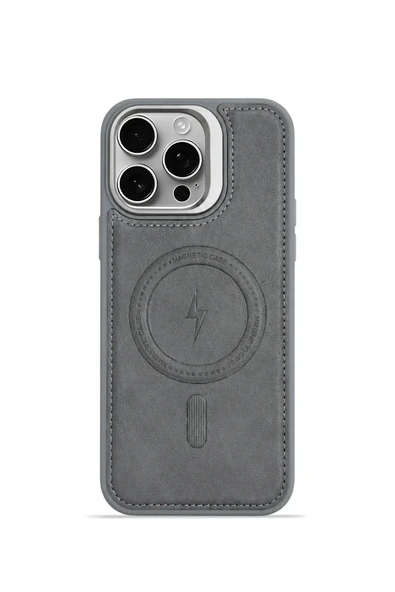 iPhone 15 Pro GripStand MagSafe Deri Kılıf Gri ürün görseli 1