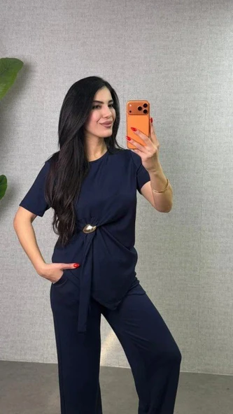 Kadın Kısa Kollu Bisiklet Yaka Yandan Toka Detaylı Viskon Iki Iplik Bluz Ve Pantolon Ikili Takım ürün görseli 1
