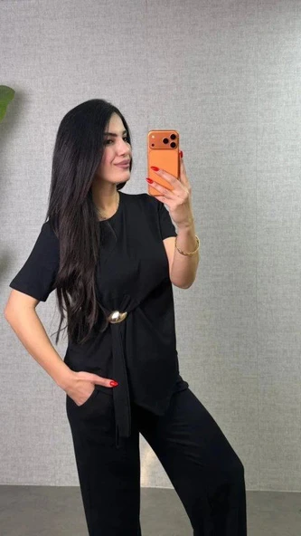 Kadın Kısa Kollu Bisiklet Yaka Yandan Toka Detaylı Viskon Iki Iplik Bluz Ve Pantolon Ikili Takım ürün görseli 1