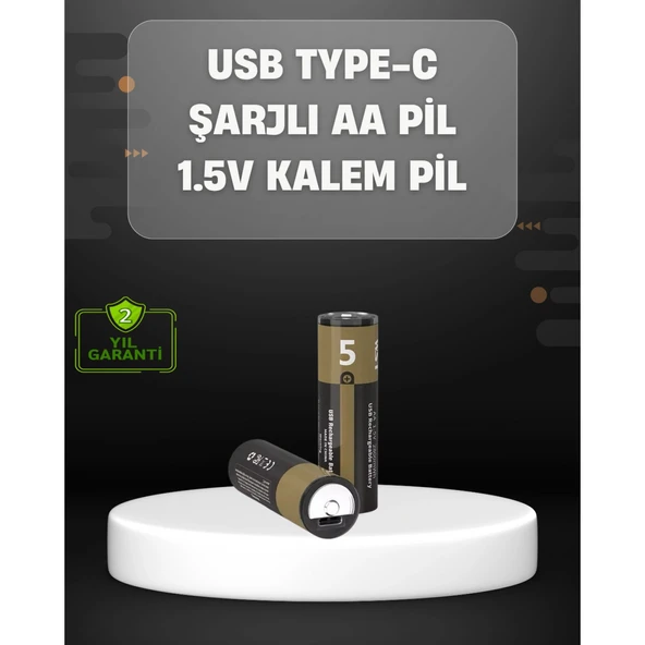 USB Type-C Girişli Şarjlı AA Lityum Pil | 1.5V Sabit Çıkış | 3200mWh (2'li Paket) ürün görseli 1