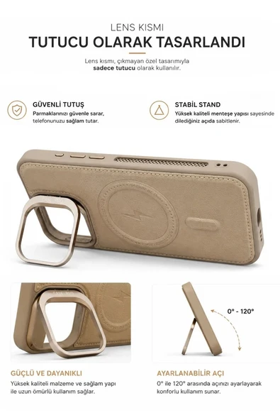 iPhone 16 Pro Max GripStand MagSafe Deri Kılıf Krem - Resim 2