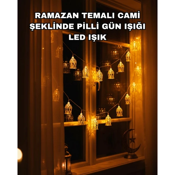 Ev Dekoru İçin Ramazan LED Işık Pilli Sıcak Sarı Cami Figürlü ürün görseli 1